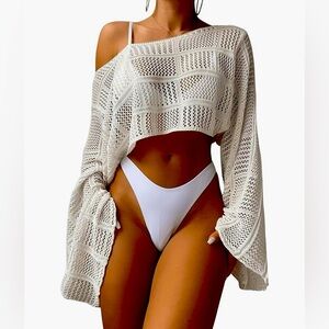 NWOT - Cream / White, Hollow Out Crochet Bell Sleeve Bikini Cover Up; Crop Top